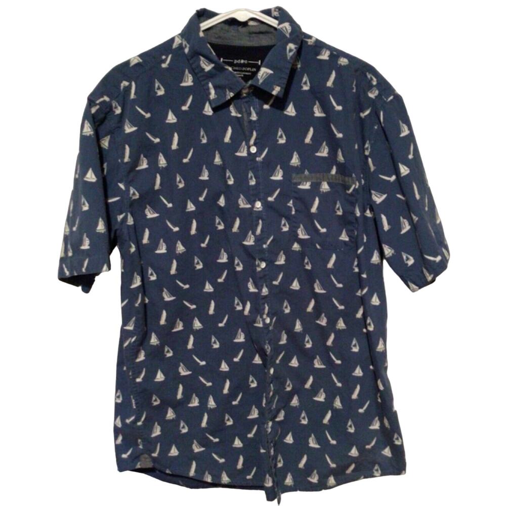 PD&C Men’s Blue White Sailboat Print Shirt Short Sleeve Button Front Casual XL